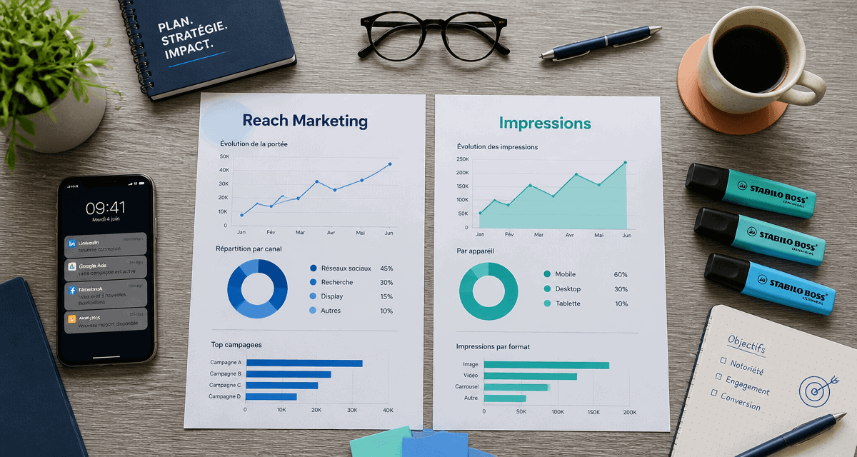 bureau flat-lay reach marketing impressions graphiques