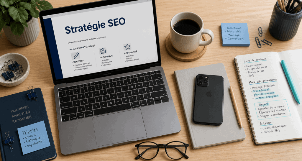 bureau de rédacteur web seo freelance avec ordinateur et carnet
