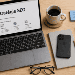 bureau de rédacteur web seo freelance avec ordinateur et carnet