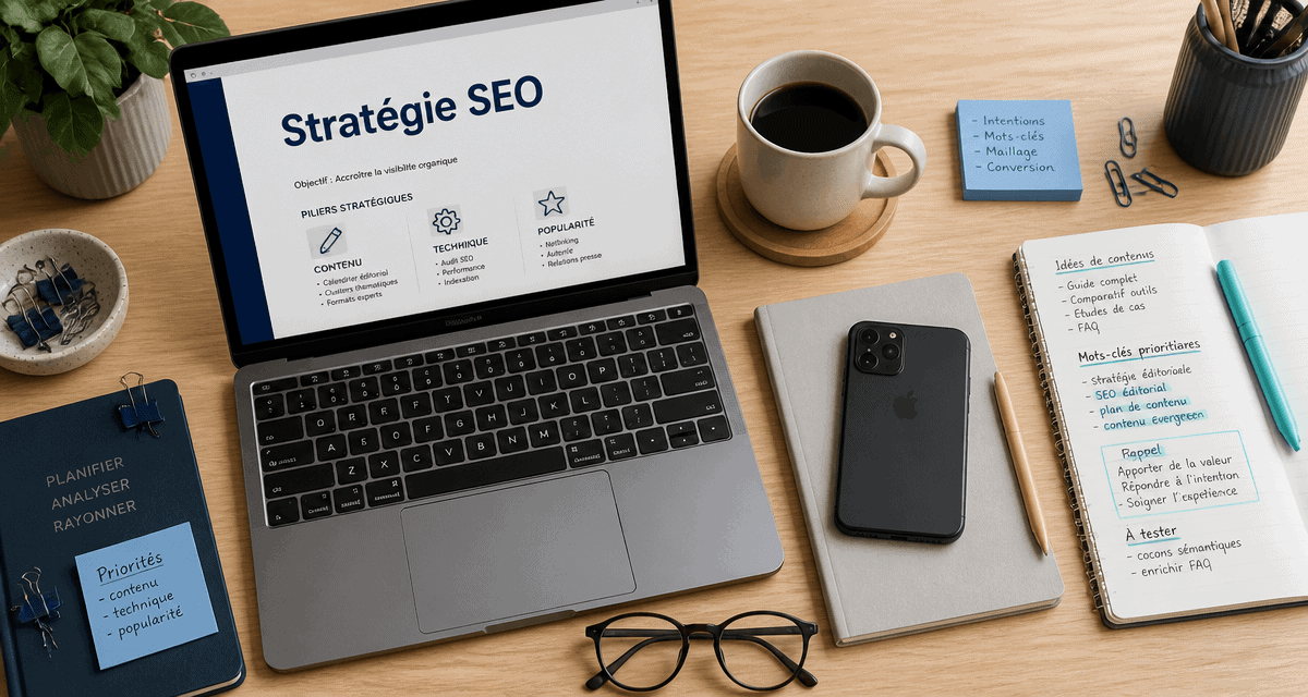 bureau de rédacteur web seo freelance avec ordinateur et carnet