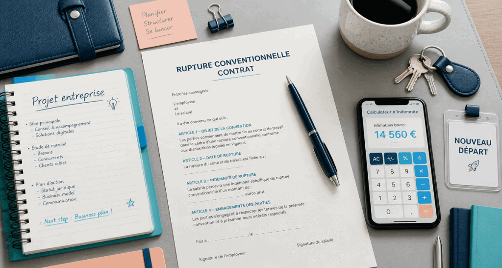 rupture conventionnelle pour création d'entreprise, bureau avec contrat, carnet et smartphone