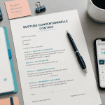 rupture conventionnelle pour création d'entreprise, bureau avec contrat, carnet et smartphone