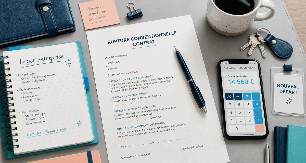 rupture conventionnelle pour création d'entreprise, bureau avec contrat, carnet et smartphone