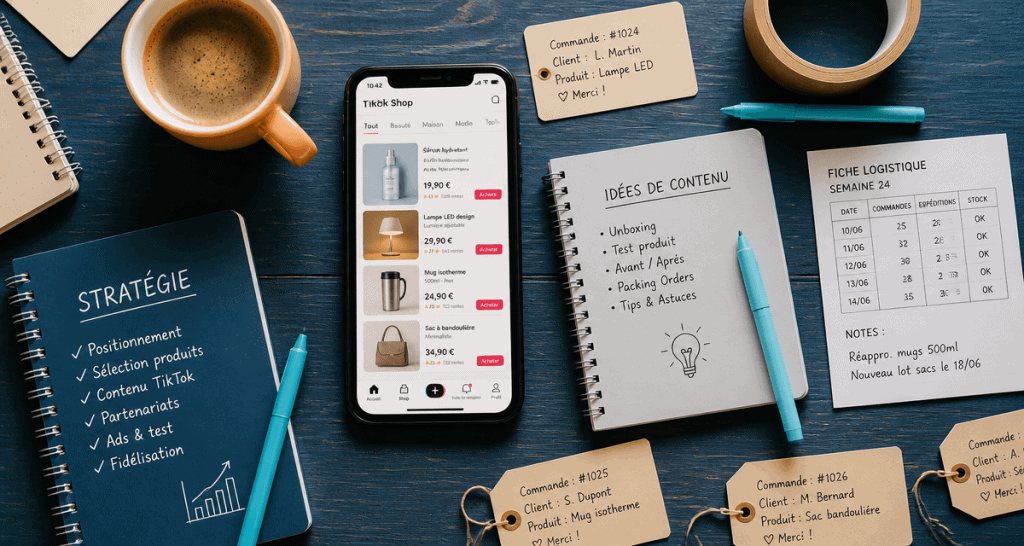 vendre sur tiktok shop, bureau e-commerce, smartphone