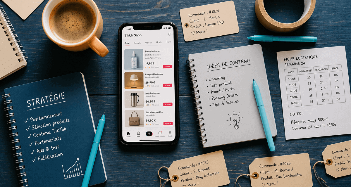 vendre sur tiktok shop, bureau e-commerce, smartphone