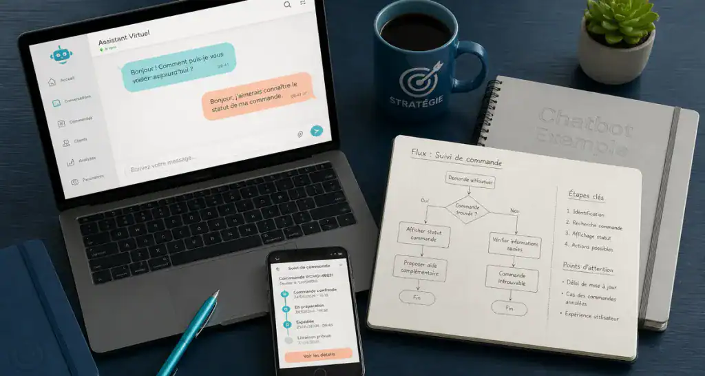 Chatbot exemple sur bureau moderne avec ordinateur et carnet