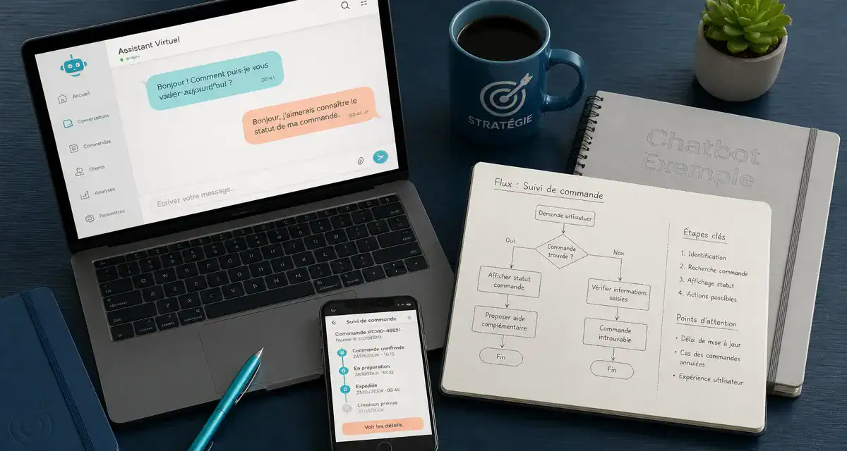 Chatbot exemple sur bureau moderne avec ordinateur et carnet