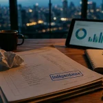 Classement cabinet gestion de patrimoine : bureau, calculatrice et documents financiers