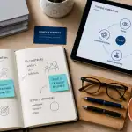 Bureau de conseiller en innovation avec carnet, tablette et post-its