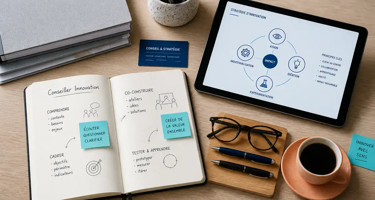 Bureau de conseiller en innovation avec carnet, tablette et post-its