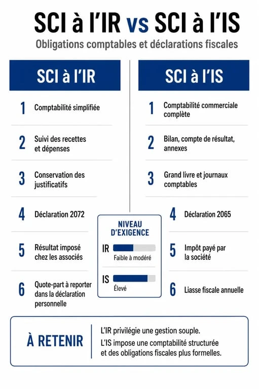 Tableau comparatif des obligations comptables pour une SCI à l'IR ou à l'IS avec un expert comptable pour sci