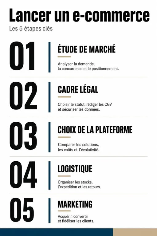 Infographie des étapes pour se lancer dans le e-commerce