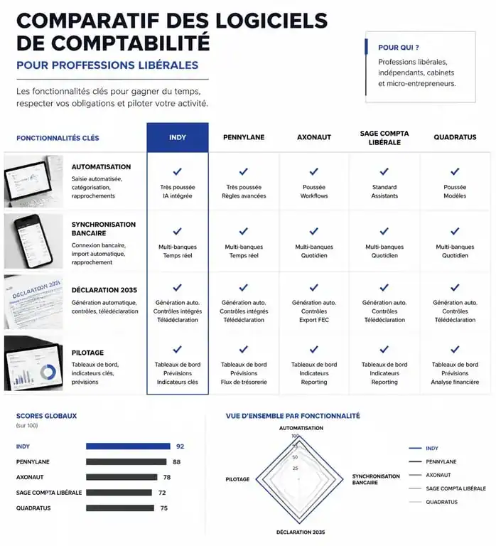 Comparatif des logiciels de comptabilité pour profession libérale : fonctionnalités clés pour la déclaration 2035 et la gestion comptable.