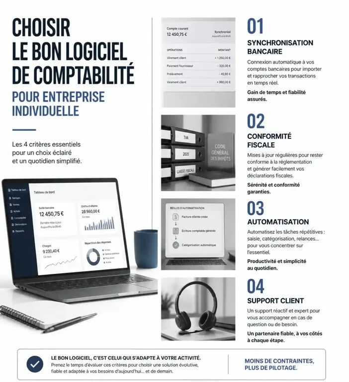 Infographie des critères de choix pour un logiciel de comptabilité entreprise individuelle