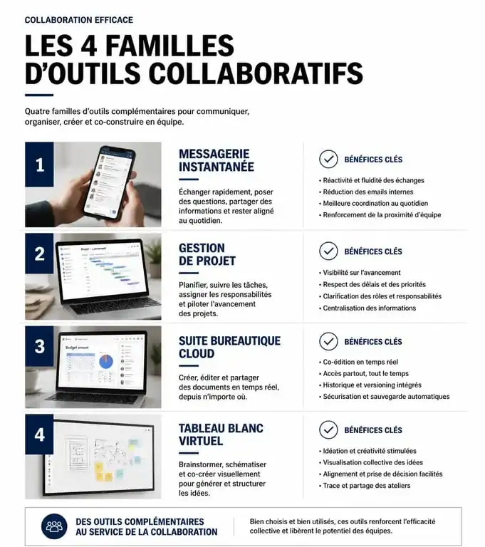 Infographie des familles d'outils collaboratifs pour améliorer la productivité en entreprise