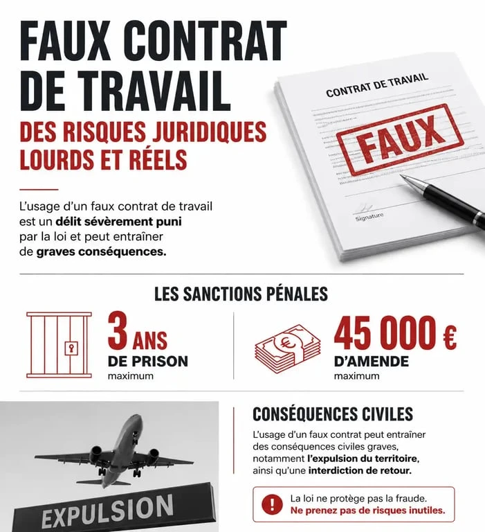 Infographie sur les risques juridiques et sanctions pénales d'un faux contrat de travail