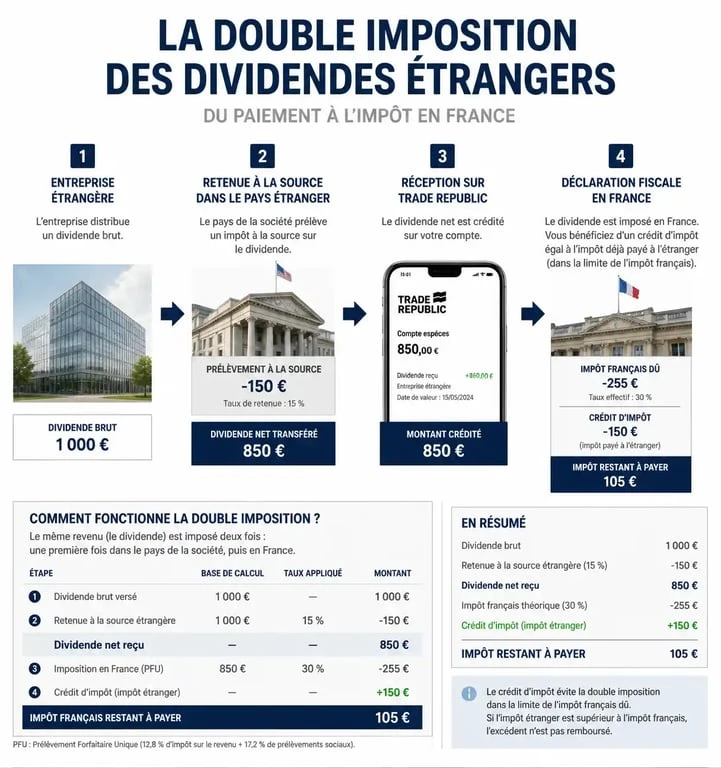 Schéma explicatif de la double imposition des dividendes sur Trade Republic et mécanisme du crédit d'impôt