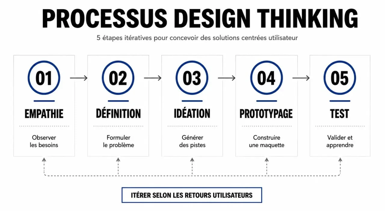 Schéma des 5 étapes du processus design thinking pour l'innovation