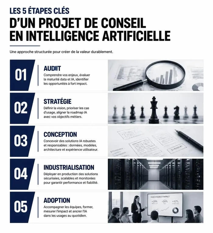 Infographie des étapes clés d'un projet de conseil en intelligence artificielle pour les entreprises