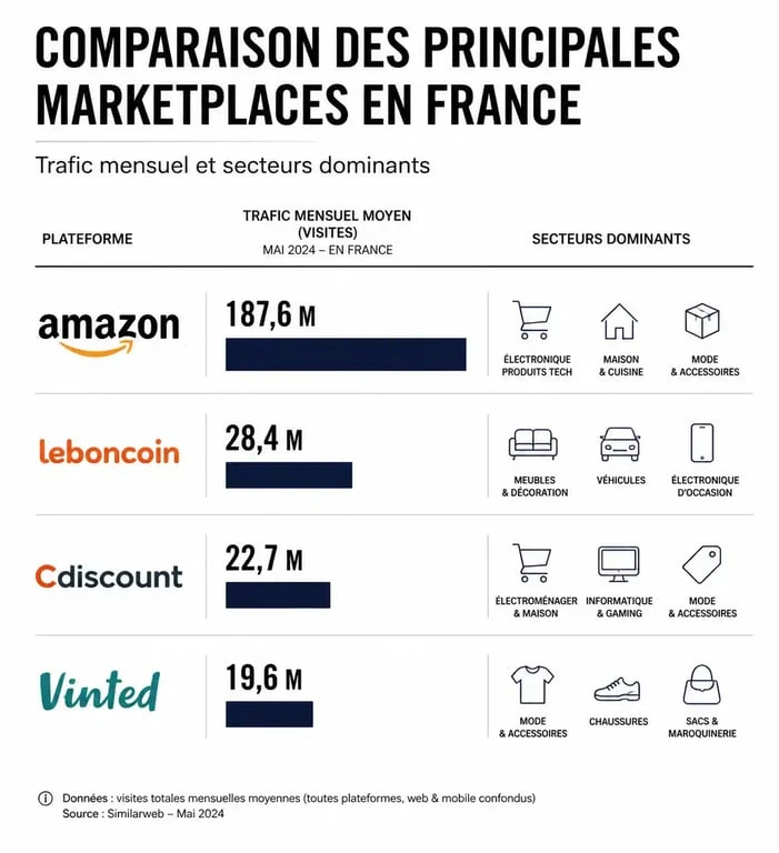 Infographie comparative des top marketplaces en France : trafic et modèles économiques