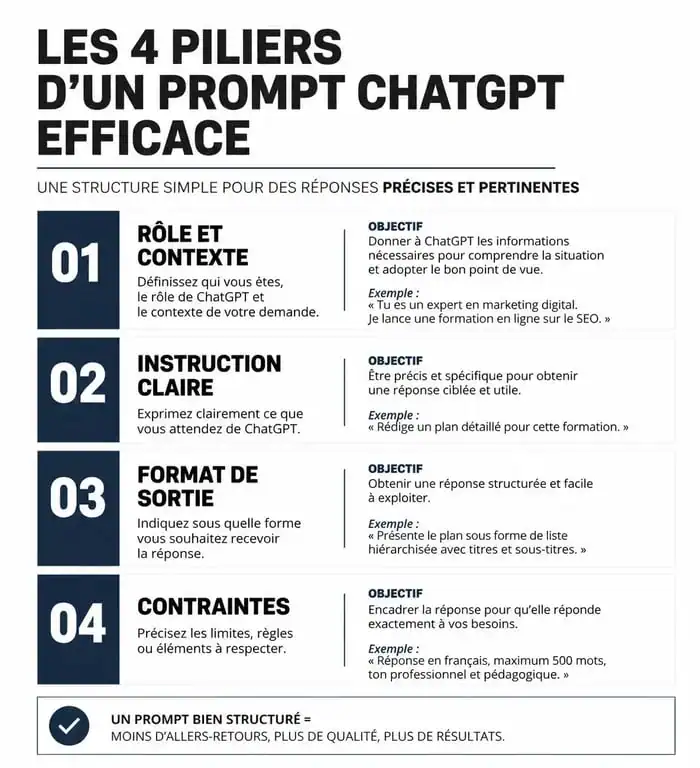 Infographie des 4 piliers pour rédiger le meilleur prompt ChatGPT