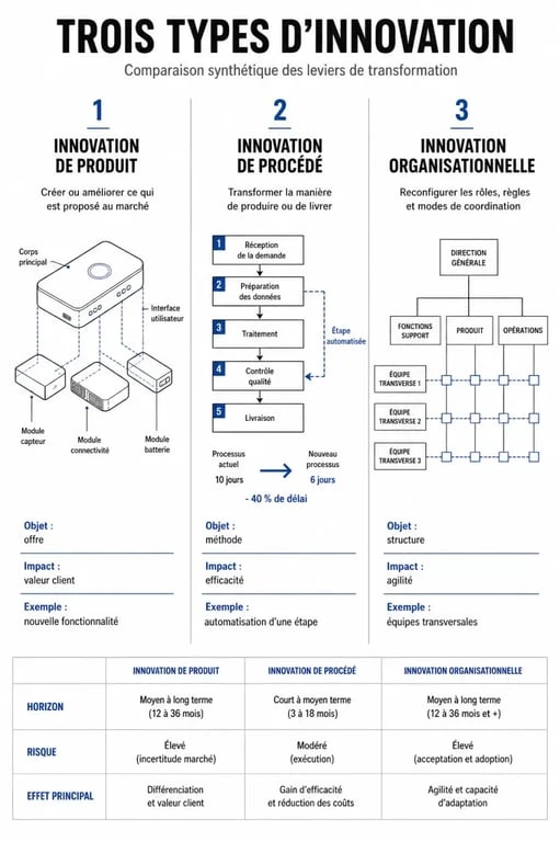 Infographie comparative des types d'innovation : produit, procédé et organisationnelle pour comprendre l'innovation de procédé.