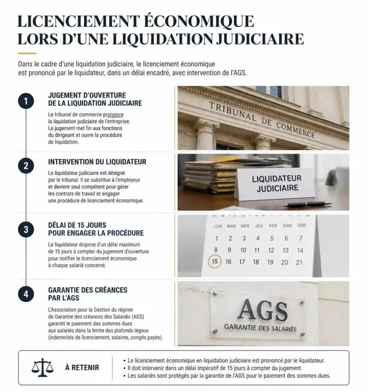 Infographie des étapes de licenciement en cas de liquidation judiciaire et rôle de l'AGS