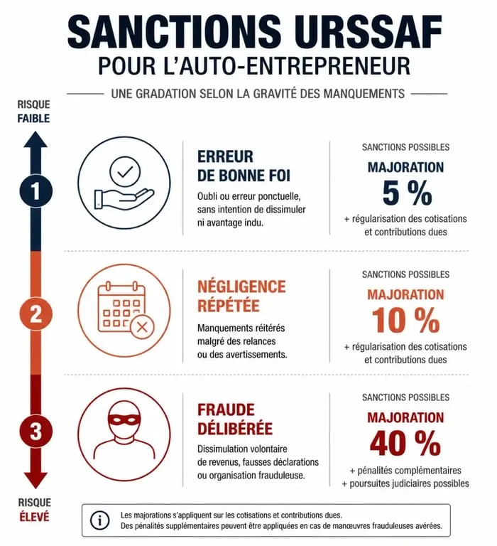 Infographie des sanctions en cas de fausse déclaration URSSAF pour auto-entrepreneur