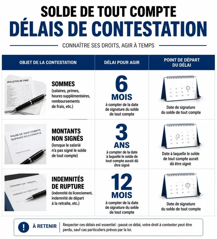 Tableau récapitulatif des délais de contestation du solde de tout compte pour un salarié