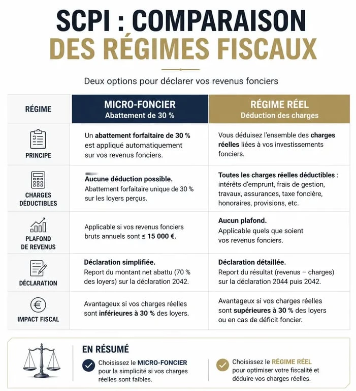 Comparatif des régimes fiscaux pour l'imposition SCPI : micro-foncier vs régime réel