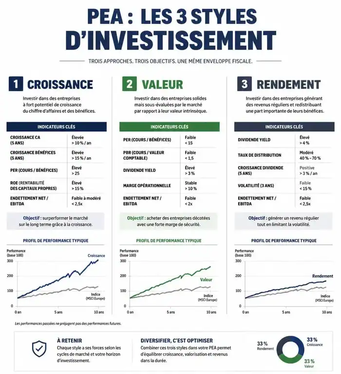 Infographie des styles d'investissement pour choisir la meilleure action PEA