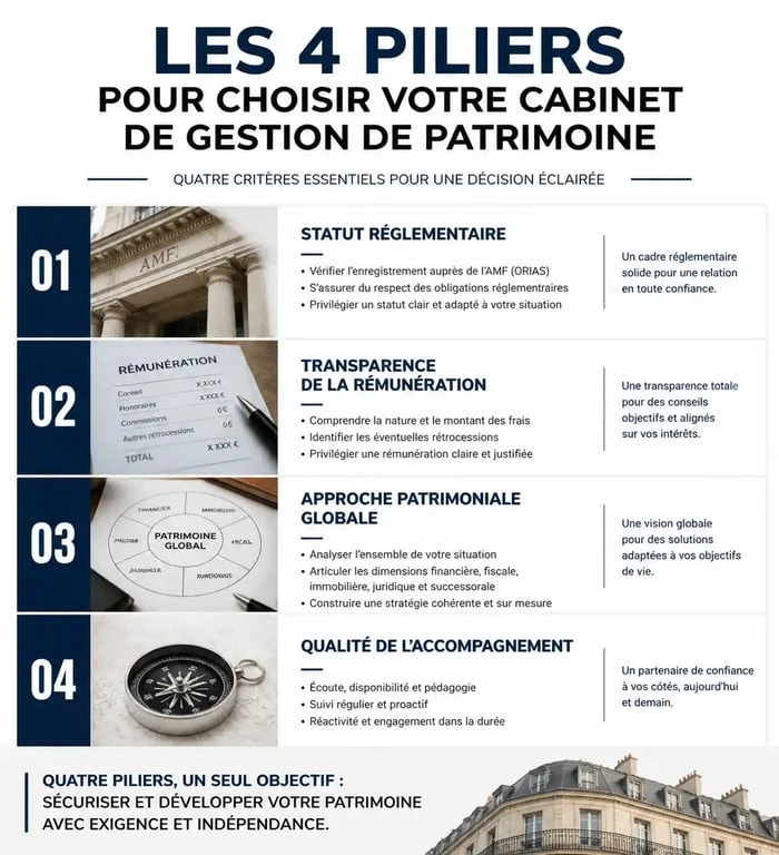 Infographie des 4 piliers pour choisir son cabinet de gestion de patrimoine