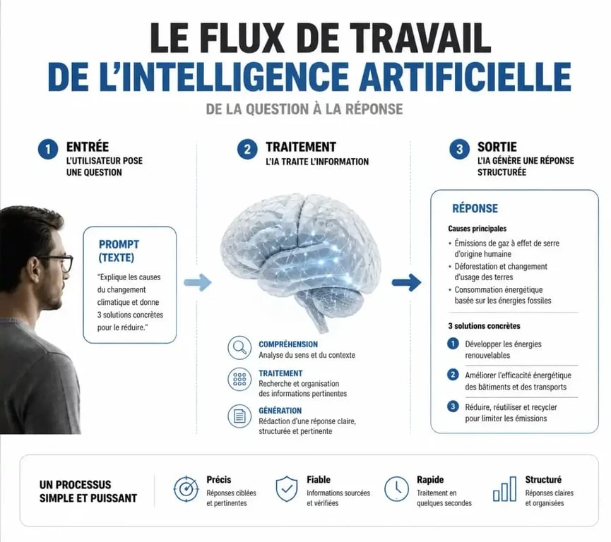 Infographie expliquant le fonctionnement d'un prompt IA et le processus de génération de réponse