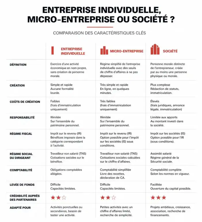 Infographie comparative des statuts juridiques pour une affaire personnelle commerçant