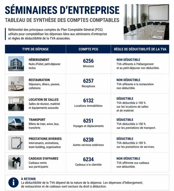Tableau récapitulatif des comptes comptables pour les frais de séminaire d'entreprise et règles de TVA