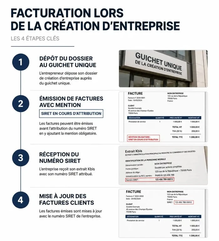 Infographie des étapes de facturation sans numéro SIRET lors de la création d'entreprise