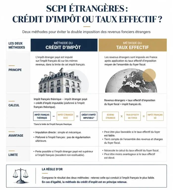 Comparatif des méthodes d'imposition pour la fiscalité des SCPI étrangères : crédit d'impôt vs taux effectif
