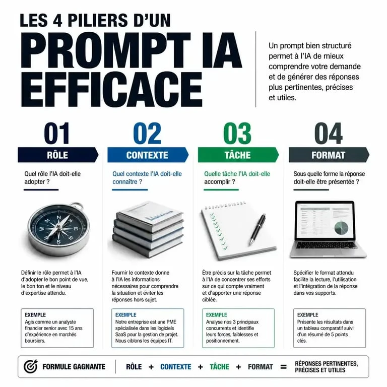 Infographie des 4 piliers d'un prompt efficace pour l'intelligence artificielle
