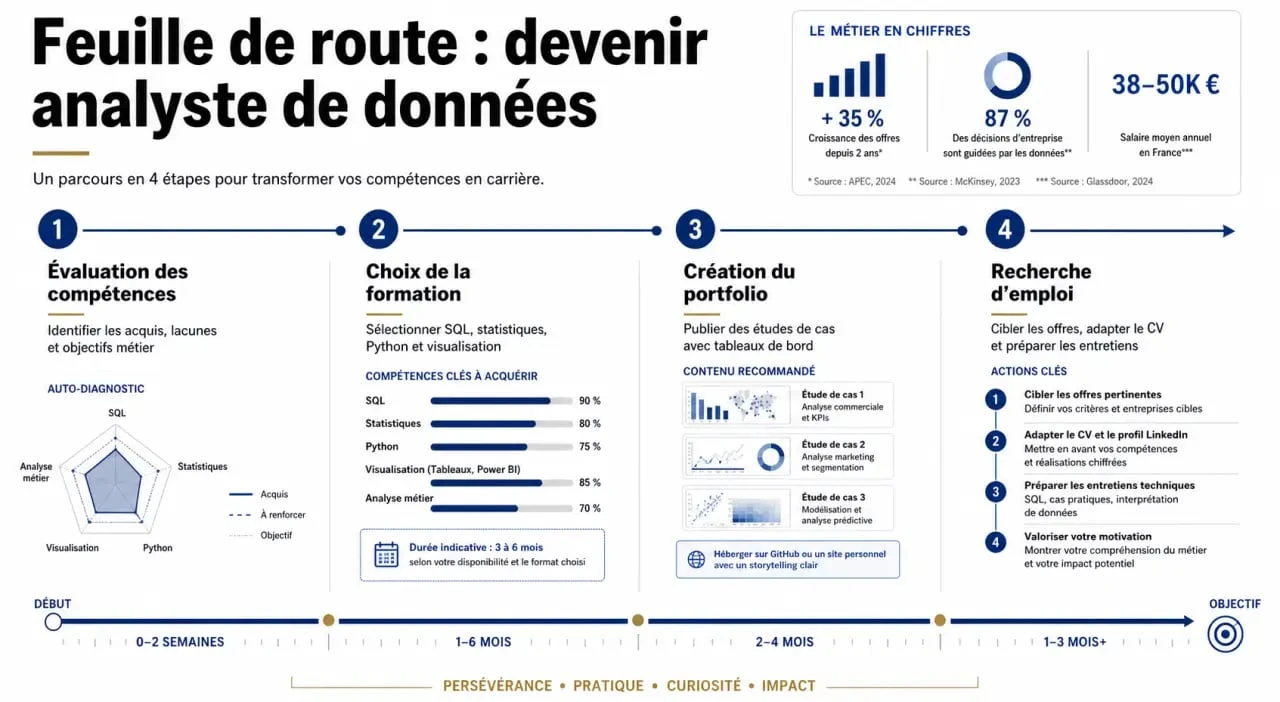 Infographie du parcours de reconversion pour devenir data analyst : étapes clés de la formation au recrutement