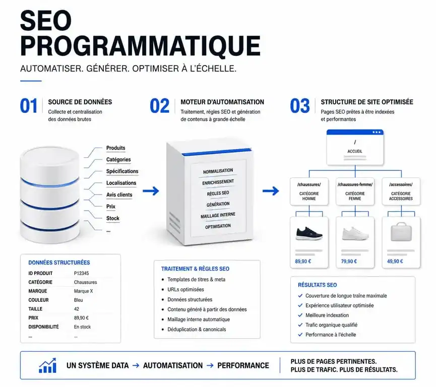 Schéma du workflow de formation SEO programmatique en ligne montrant l'automatisation de la création de contenu