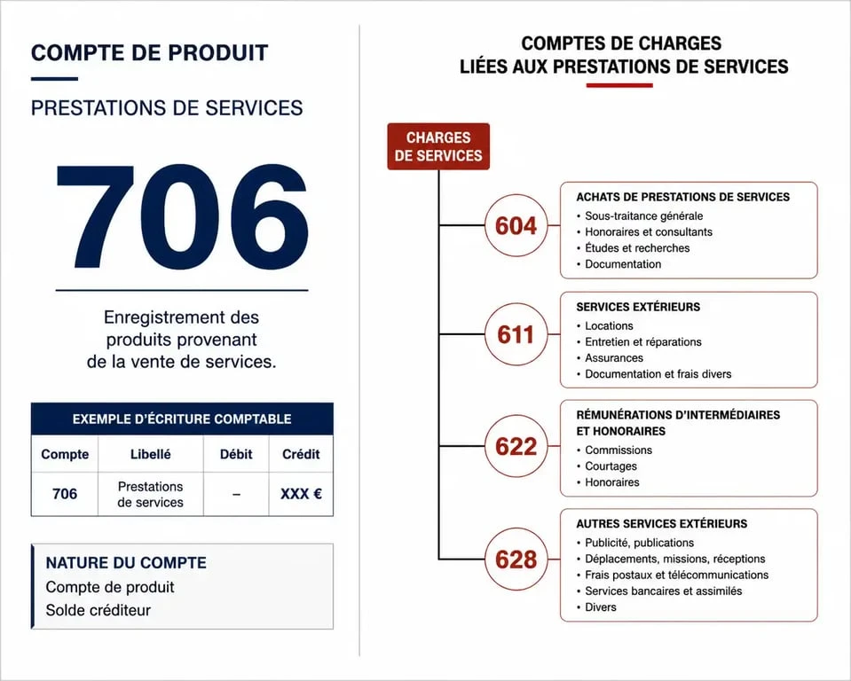 Schéma récapitulatif des comptes comptables pour prestations de services