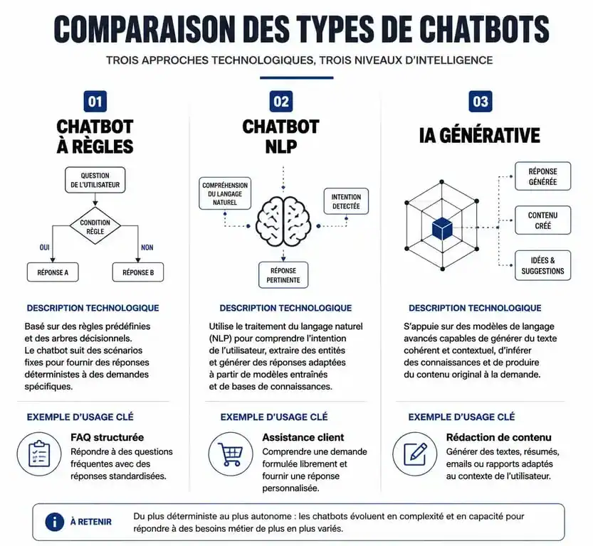 Infographie comparative des technologies de chatbot exemple : règles, NLP et IA générative pour choisir la solution adaptée.