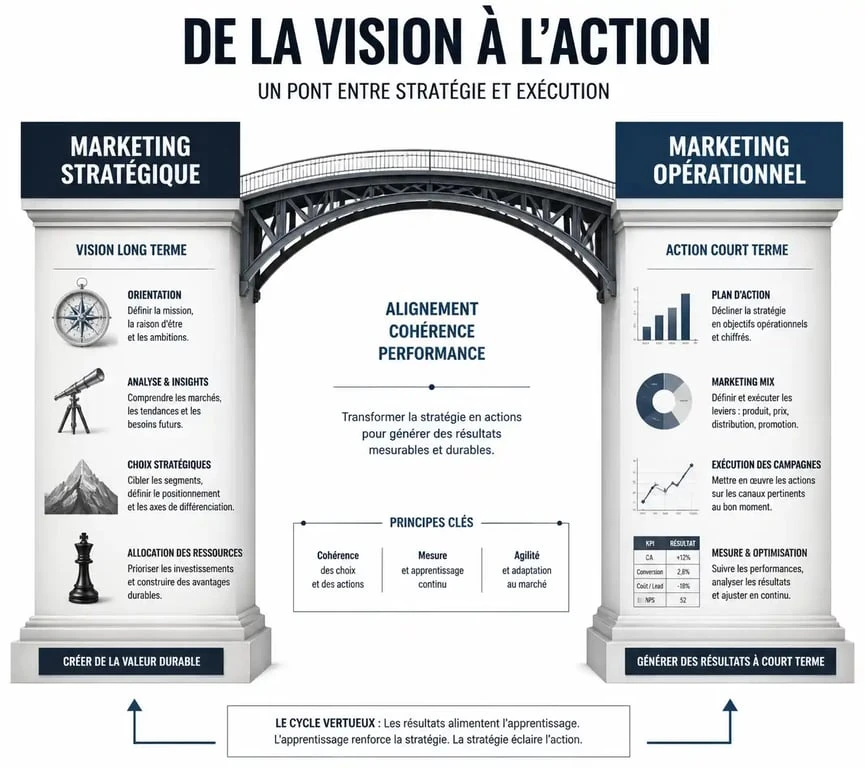 Schéma illustrant l'articulation entre le marketing stratégique et le marketing opérationnel pour une stratégie d'entreprise performante.