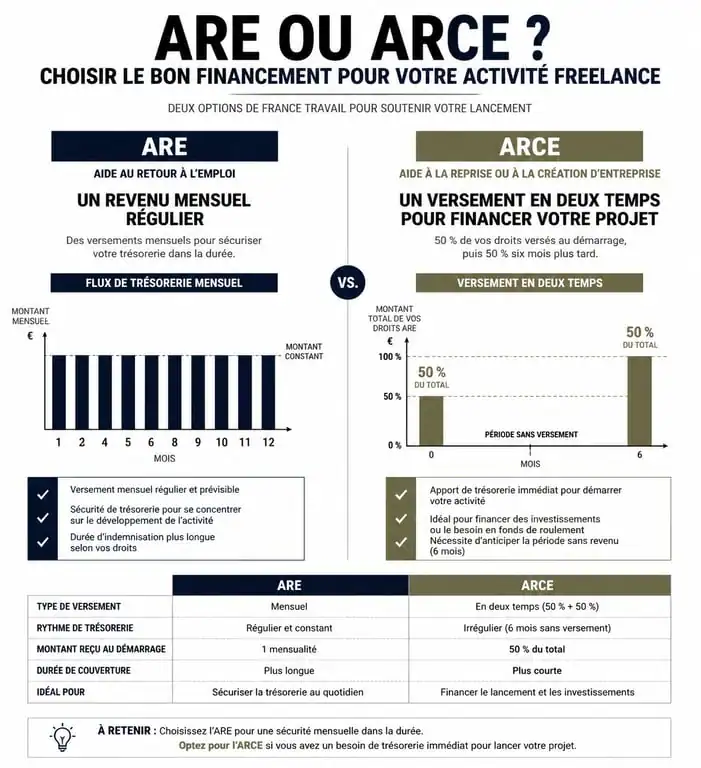 Infographie comparative entre le maintien de l'ARE et l'ARCE pour les freelances et le chômage en France