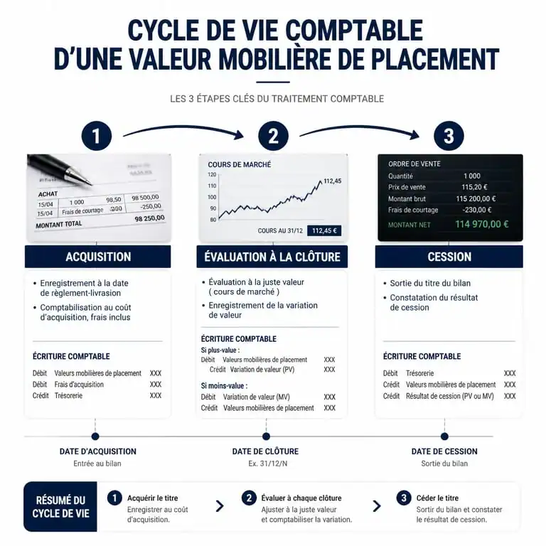 Schéma du cycle de vie comptable d'une valeur mobilière de placement
