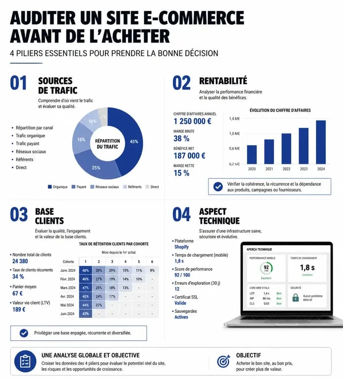 Infographie des 4 piliers de l'audit pour acheter un site e-commerce existant
