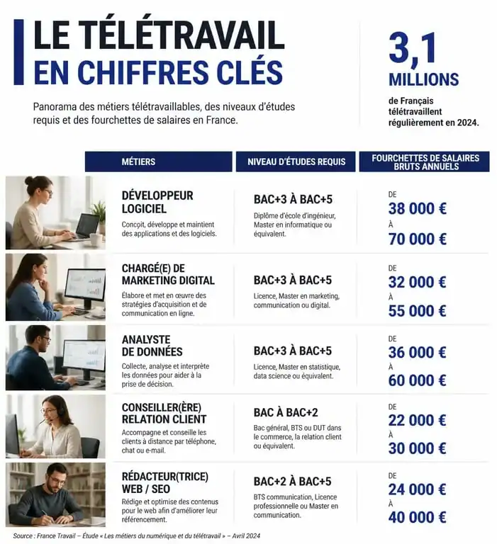 Tableau comparatif des métiers en télétravail avec salaires et niveaux d'études