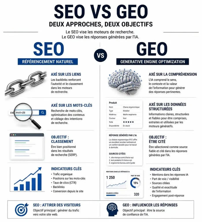 Comparatif SEO vs GEO pour le référencement ChatGPT