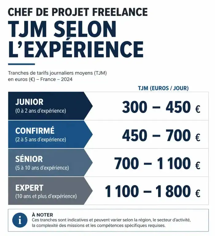 Infographie des tarifs journaliers moyens TJM pour un chef de projet freelance selon l'expérience