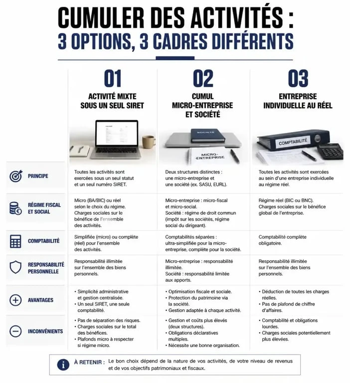 Infographie comparative des options pour avoir plusieurs activités en micro-entreprise